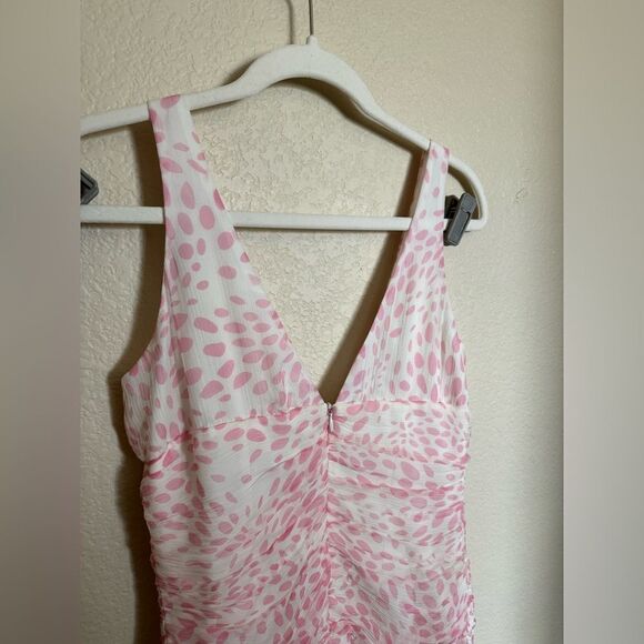 Vintage Y2K Silk Trina Turk Midi Dress Polka Dot Ruched Flowy Sz 6 in White Pink - Picture 4 of 7